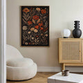 Vintage floral canvas poster in a light wood frame in a living room