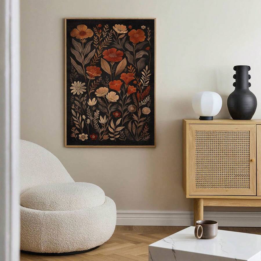 Vintage floral canvas poster in a light wood frame in a living room
