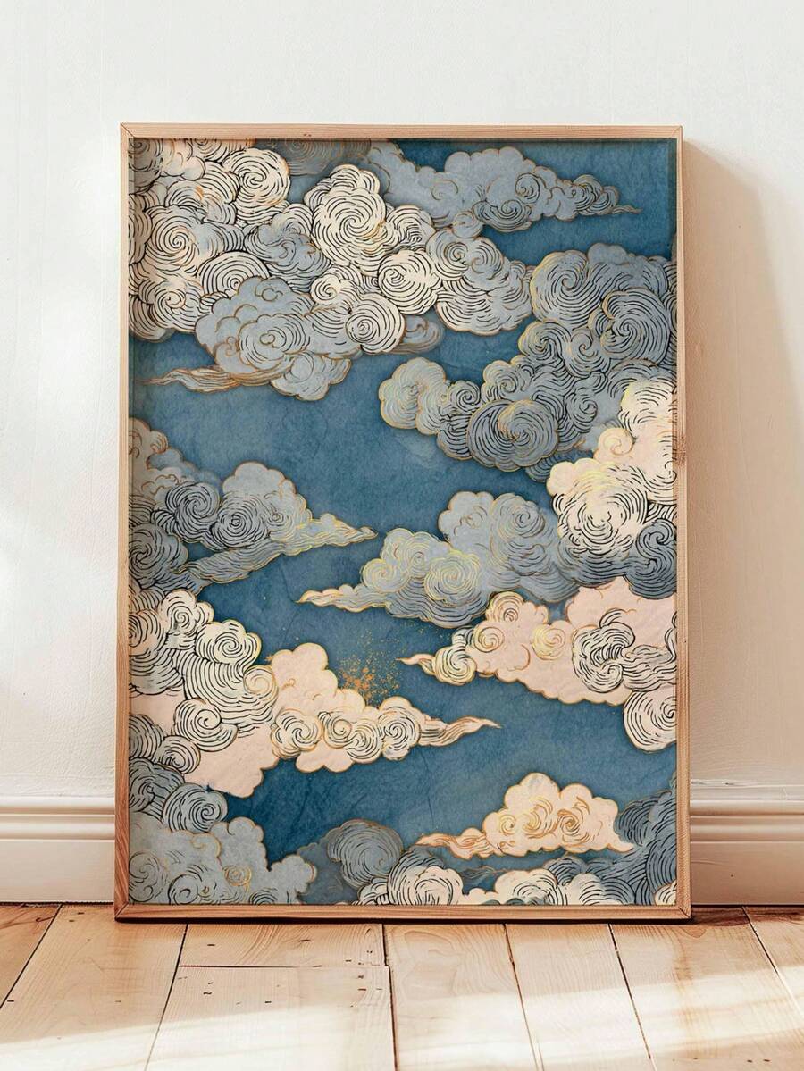Blue auspicious cloud Japanese Ukiyo-e canvas art in a gold-toned wood frame