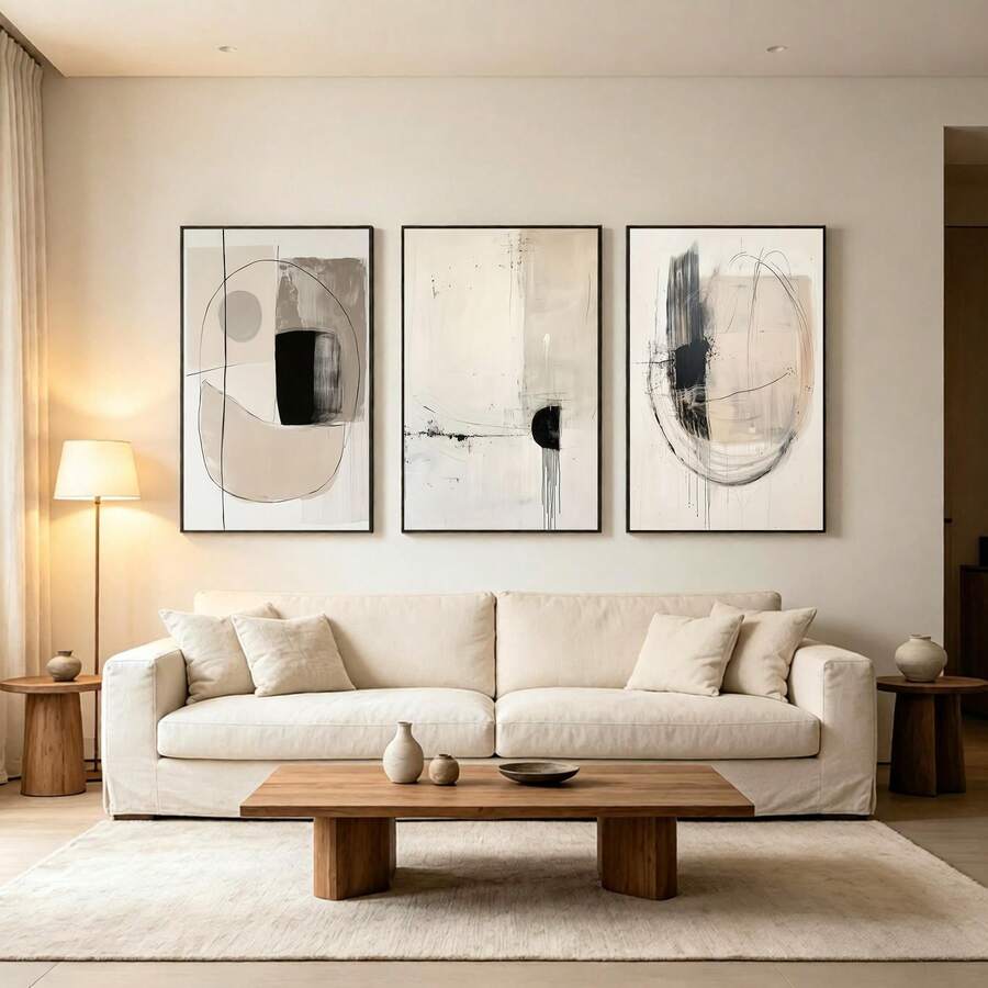 Black beige geometric abstract triptych in a living room mockup