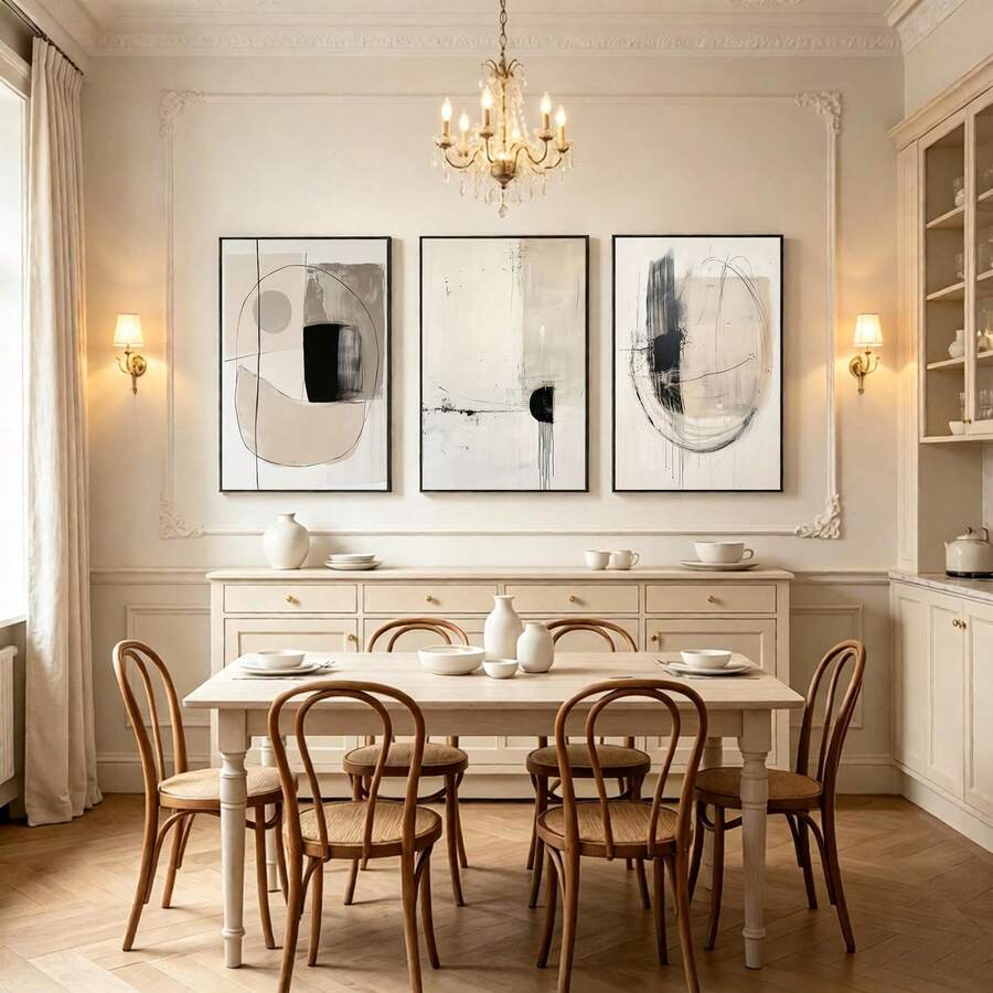 Geometric canvas poster set in an elegant dining room setting