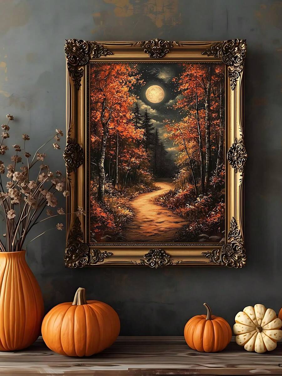 Autumn Moon Forest Path Cottagecore Woodland Canvas Poster 