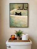 Cute black cat poster with tub, shoji screen, and bamboo