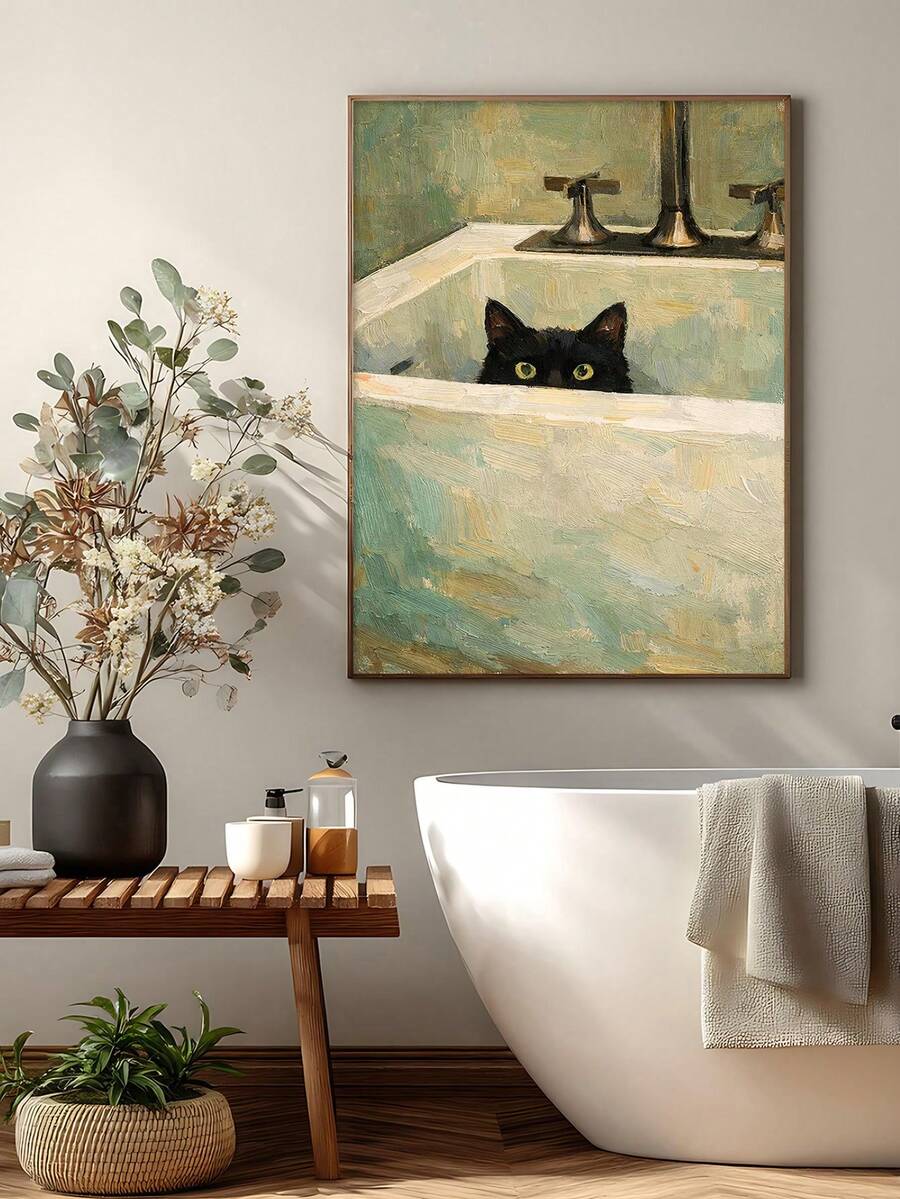 Whimsical cat bathroom wall art with Japanese garden details