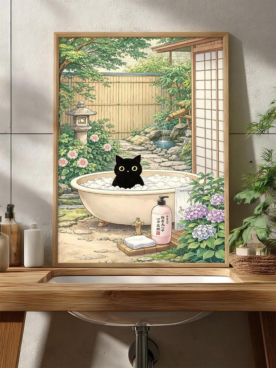 Serene spa artwork styled beside a bathroom vanity