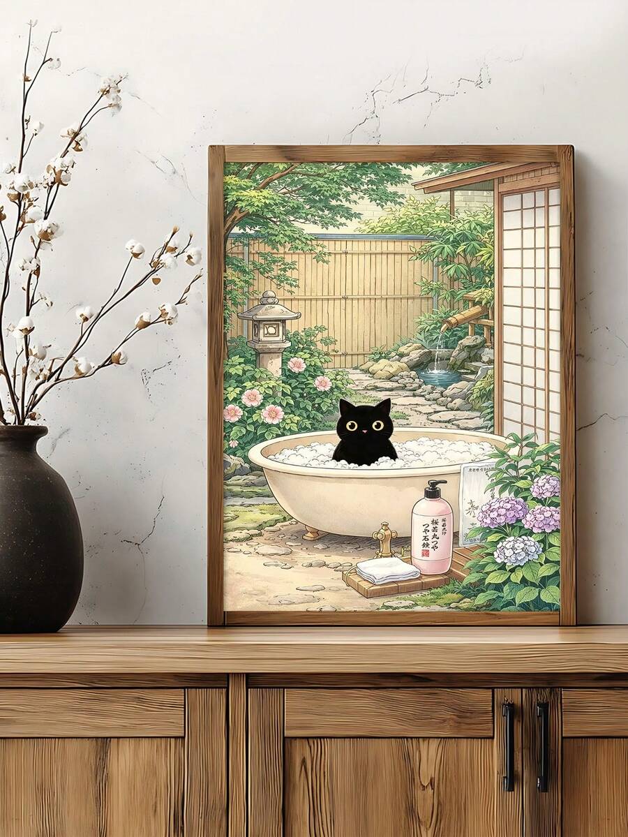 Japanese-style cat bathing canvas wall decor