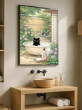 Storybook black cat art with flowers and stone lantern