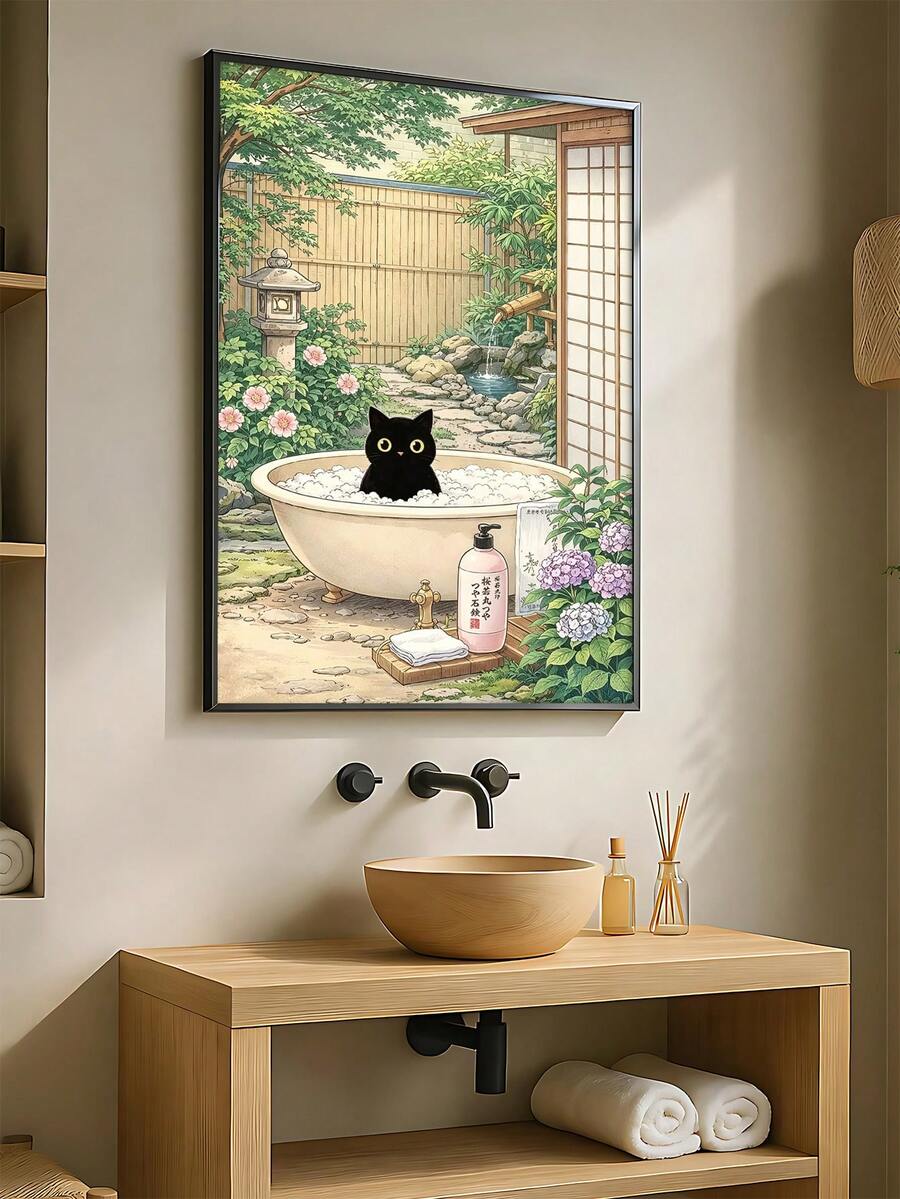 Storybook black cat art with flowers and stone lantern