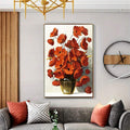 Rust-red flower vase canvas poster displayed above a sofa