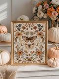 Moth botanical art in an ornate gold frame with autumn flowers