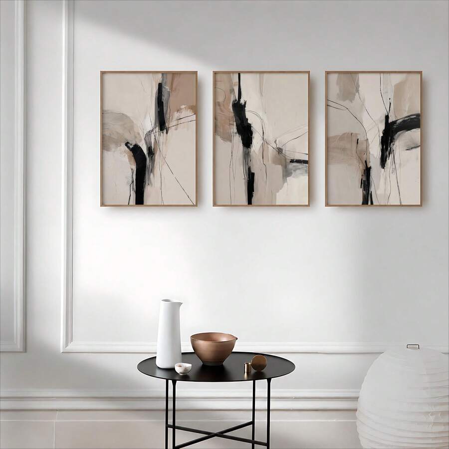 Minimalist neutral artwork styled above a modern console