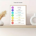 Watercolor chakra canvas displayed on a shelf between neutral ceramic vases