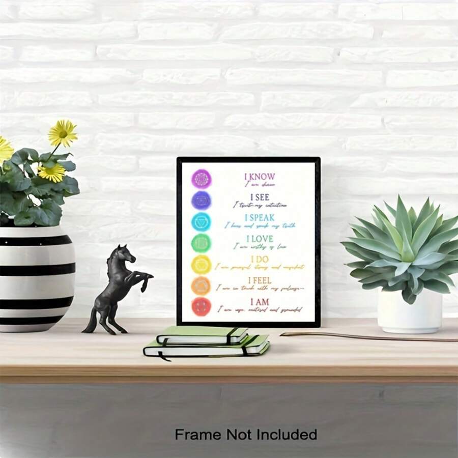 Seven chakra wall art displayed on a shelf beside a plant and small horse figurine