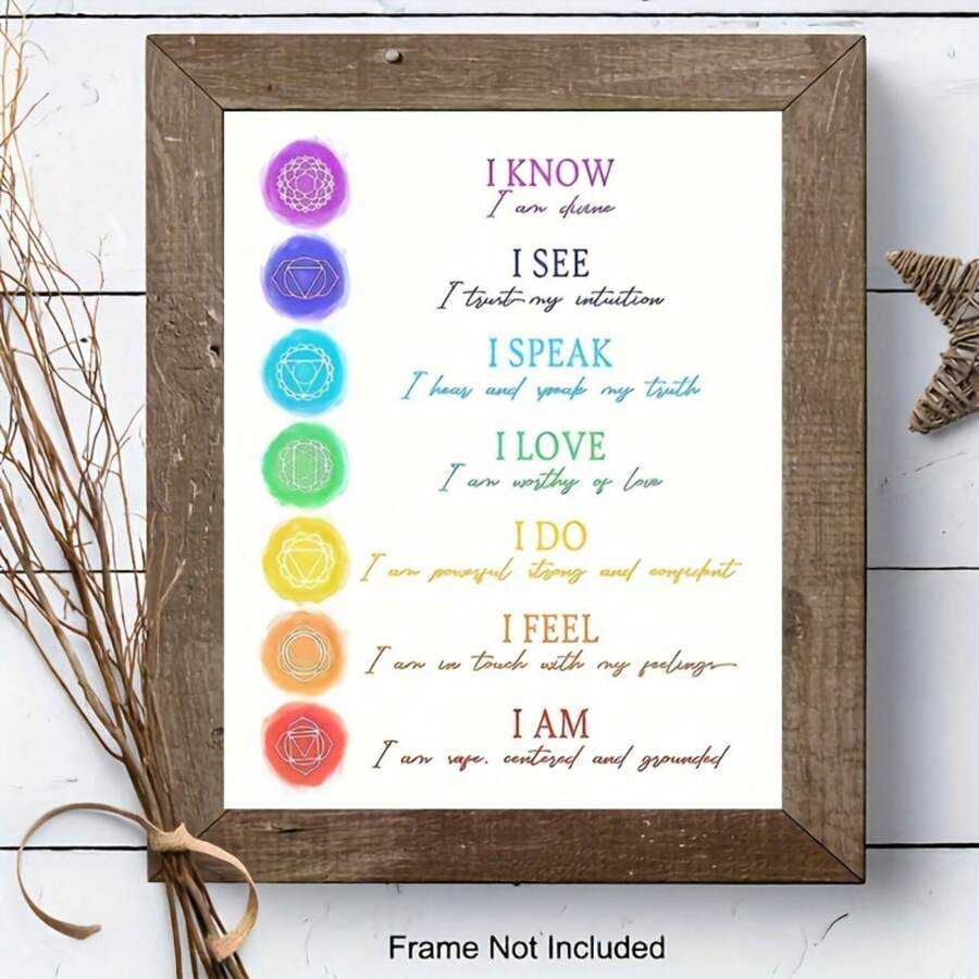Seven watercolor chakra symbols with affirmations on a white poster, shown in a black frame
