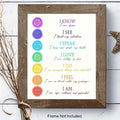Seven chakra affirmation poster styled in a rustic wood frame against white shiplap