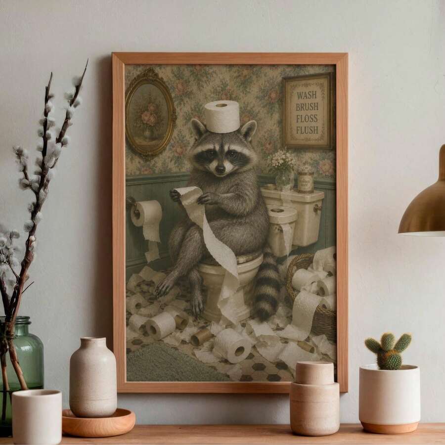 Framed raccoon toilet paper artwork amid ceramics, a cactus, and a lamp