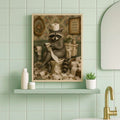 Raccoon toilet paper artwork above a mint bathroom shelf with a brass faucet