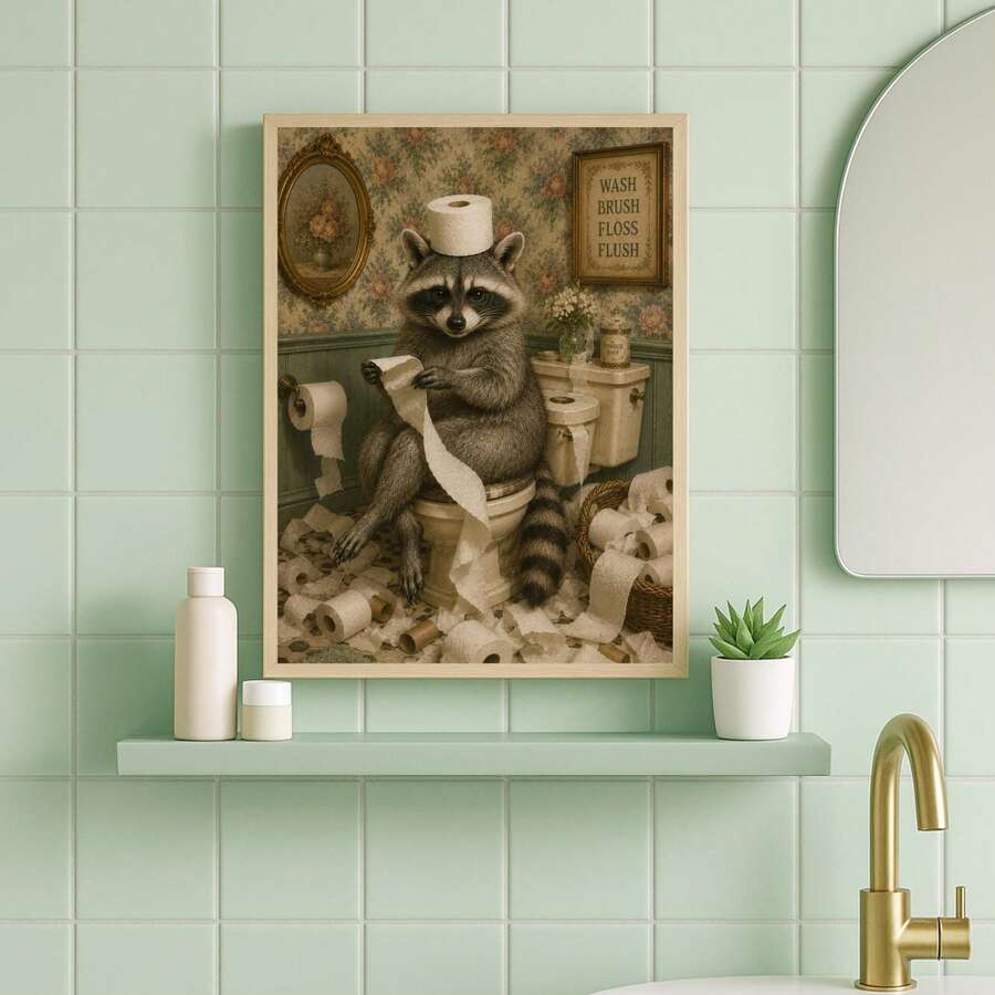 Raccoon toilet paper artwork above a mint bathroom shelf with a brass faucet