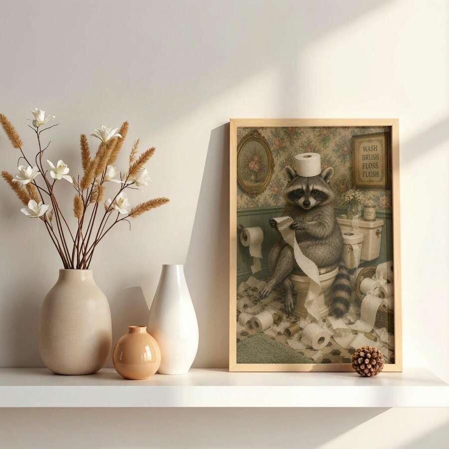 Framed raccoon bathroom artwork with neutral vases and dried florals