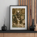 Matted raccoon bathroom print in a black frame over a wood-slat console