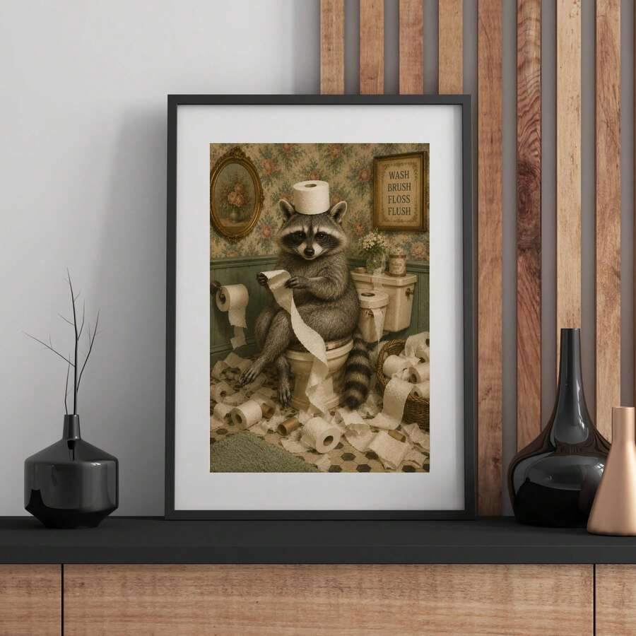 Matted raccoon bathroom print in a black frame over a wood-slat console