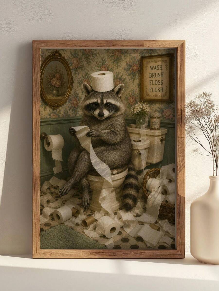 Vintage raccoon bathroom print in a frame beside a beige vase on a sunlit shelf