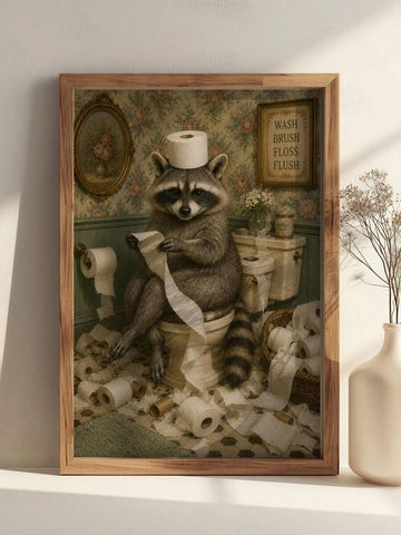 Vintage raccoon bathroom print in a frame beside a beige vase on a sunlit shelf