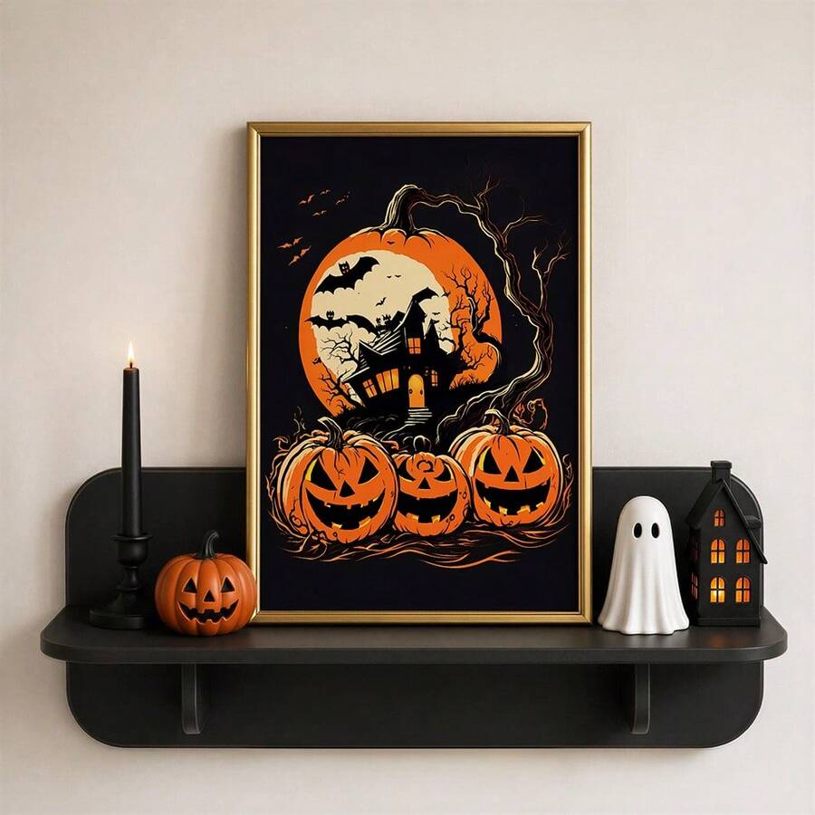 Gold-framed Halloween haunted house print on a black wall shelf