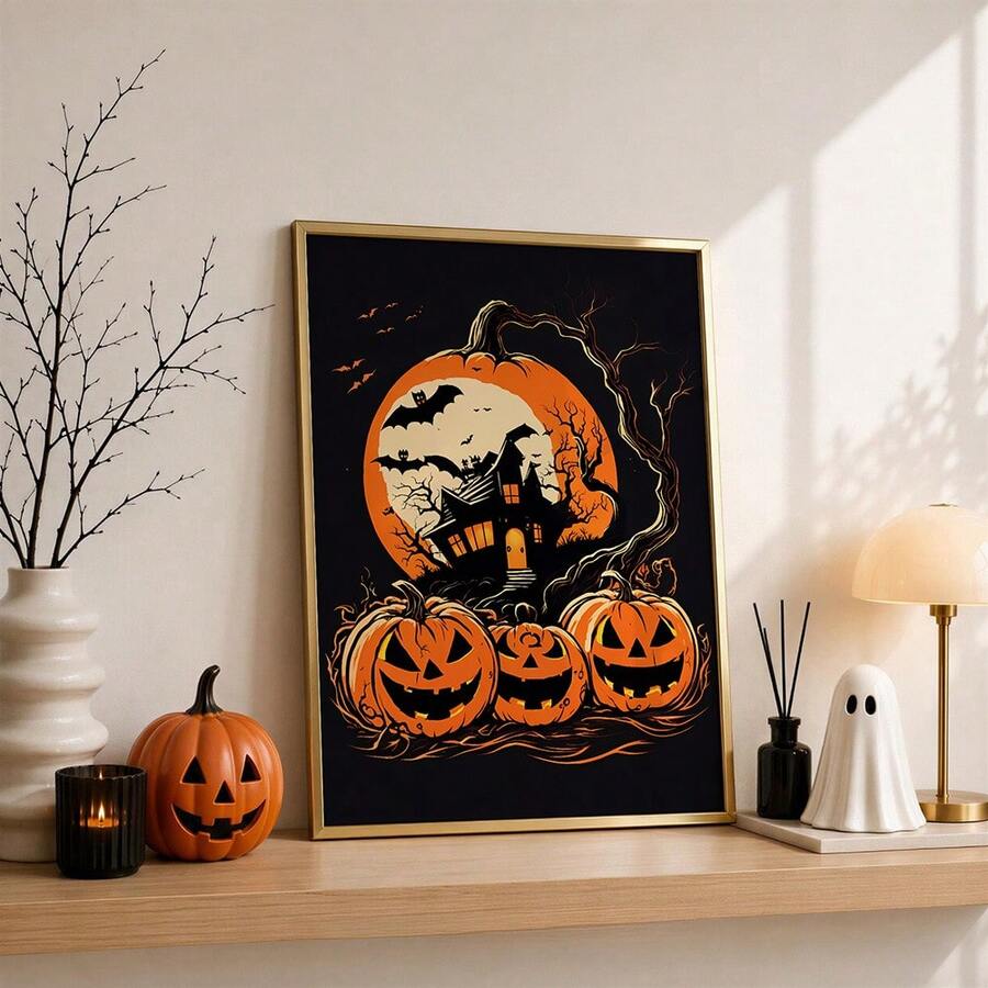 Gold-framed Halloween haunted house print on a light wood shelf