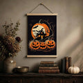 Halloween haunted house pumpkin wall hanging above antique books