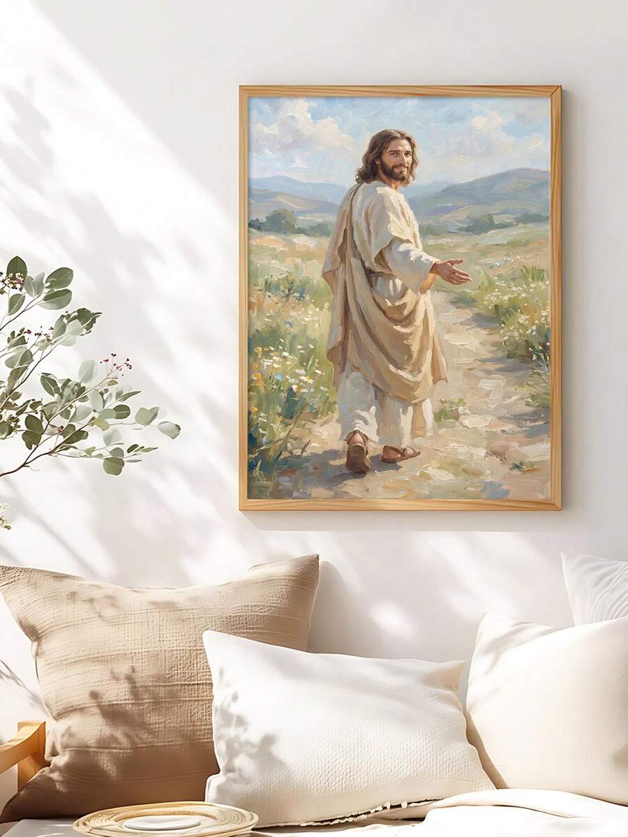 "Follow Christ" Jesus & Lamb Walking Path Oil Painting Canvas Poster