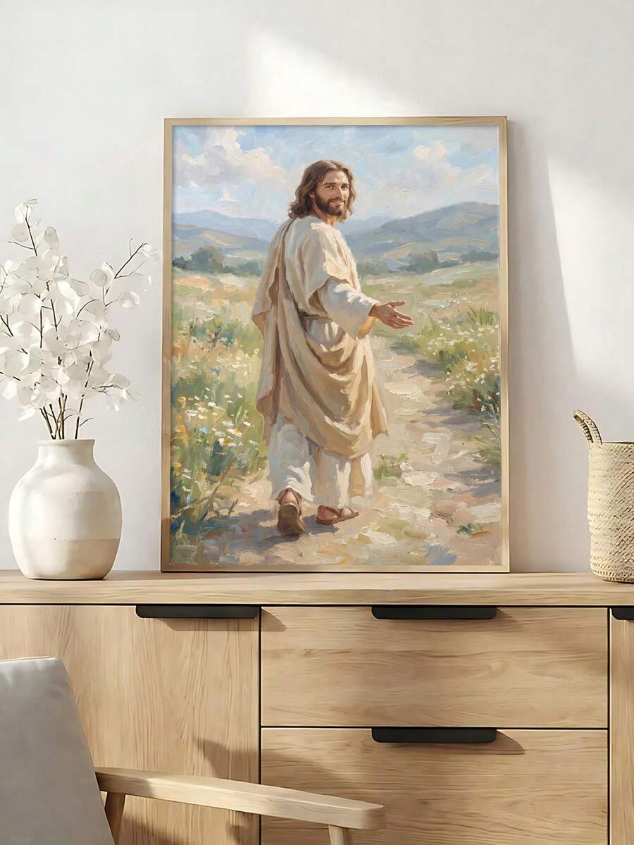 "Follow Christ" Jesus & Lamb Walking Path Oil Painting Canvas Poster