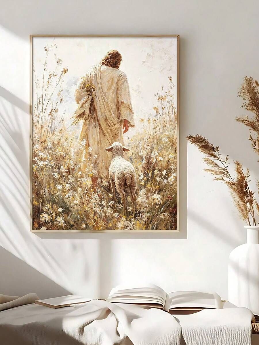 "Follow Christ" Jesus & Lamb Walking Path Oil Painting Canvas Poster
