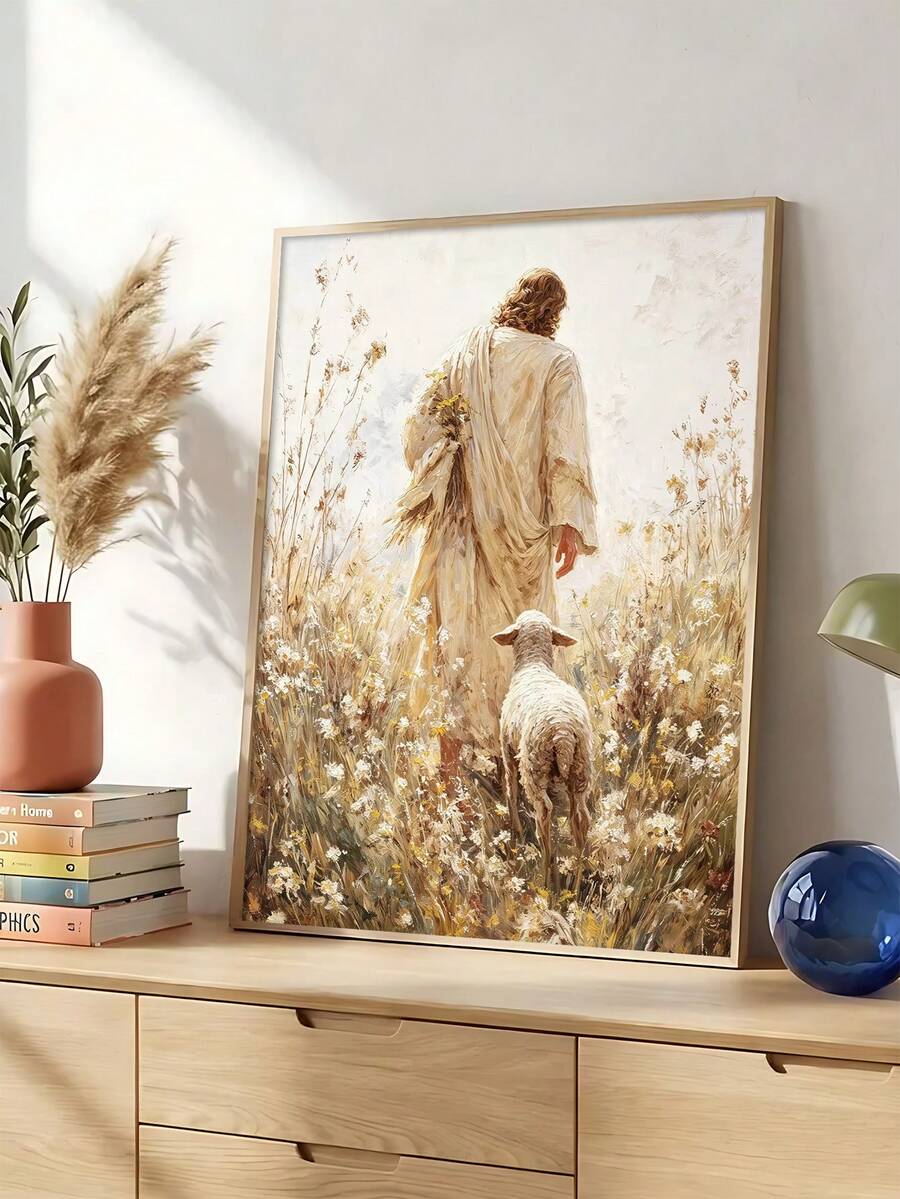 "Follow Christ" Jesus & Lamb Walking Path Oil Painting Canvas Poster