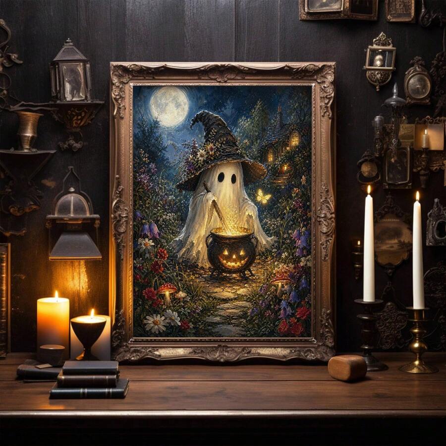 Pastoral Witch Ghost Cauldron Dark Academia Halloween Canvas Poster 
