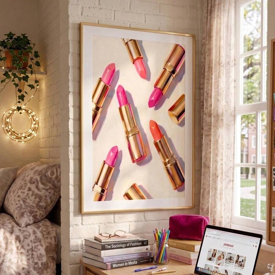 Y2K glam lipstick poster styled above a console