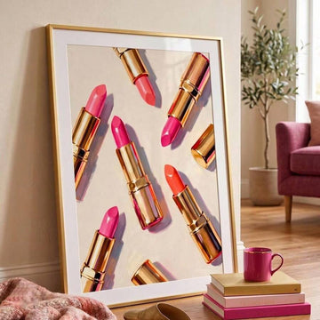 Pink lipstick luxury fashion canvas poster in a gold frame