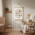 Cartoon reading poster in nursery with crib and plush toys