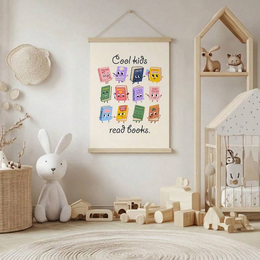 Book themed canvas displayed in a calm child’s bedroom