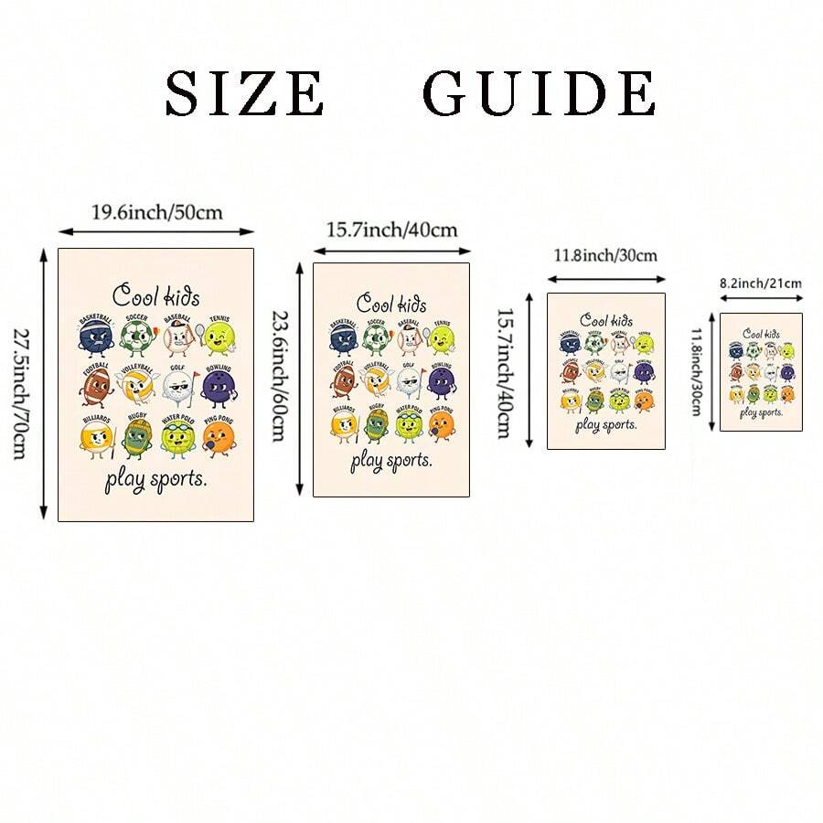 Size guide showing four portrait dimensions for cartoon sports canvas