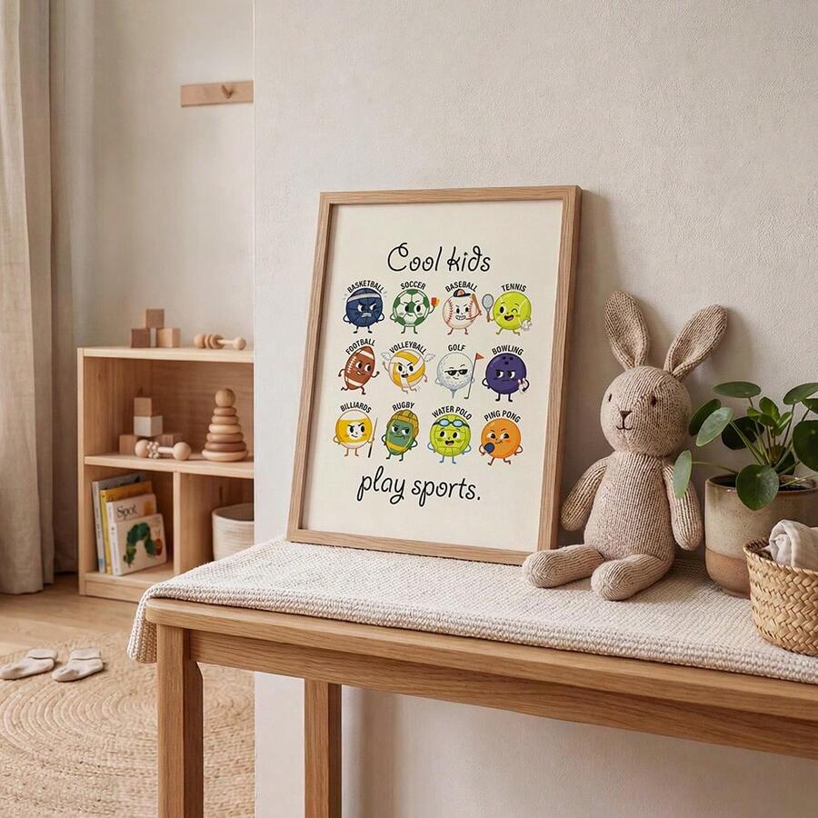 Cartoon sports ball artwork displayed above a low shelf beside children’s clothing