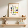 Sports illustration canvas styled on nursery shelf above toys and books