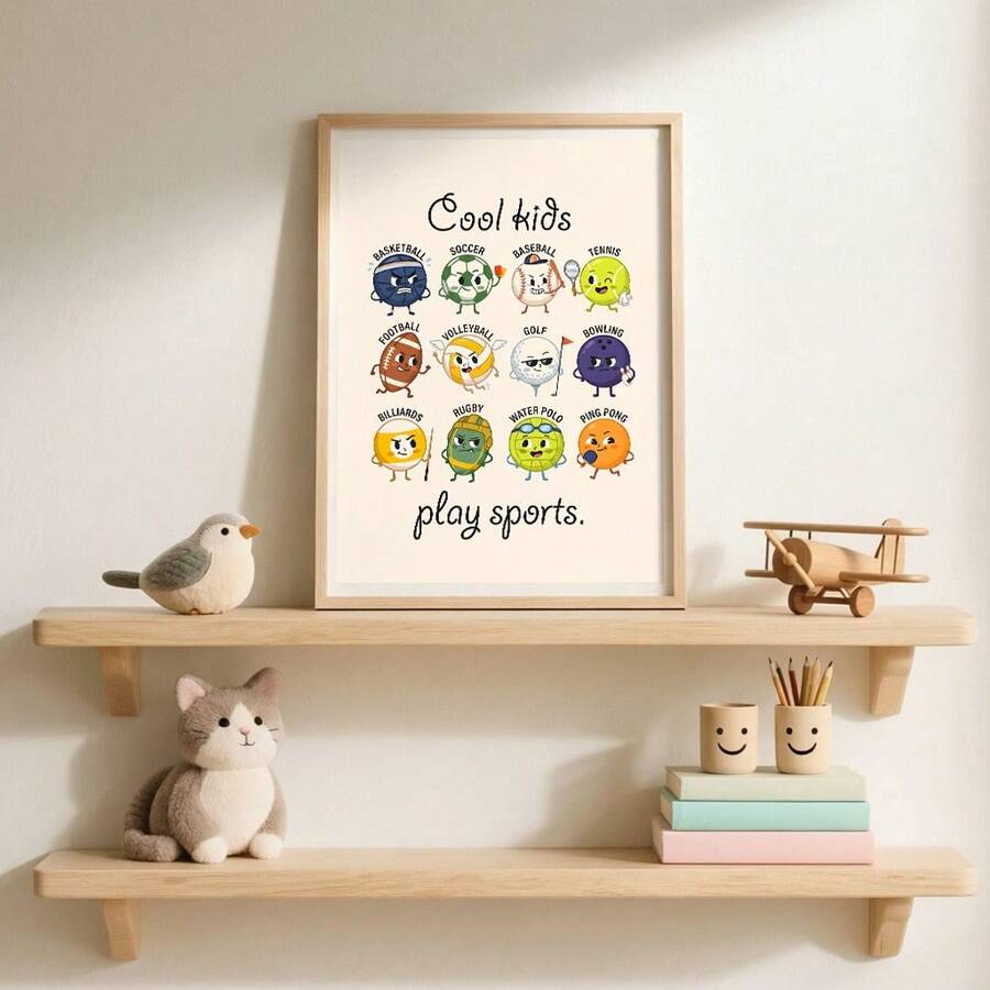 Sports illustration canvas styled on nursery shelf above toys and books