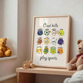 Framed sports characters canvas shown in child’s bedroom with plush toys