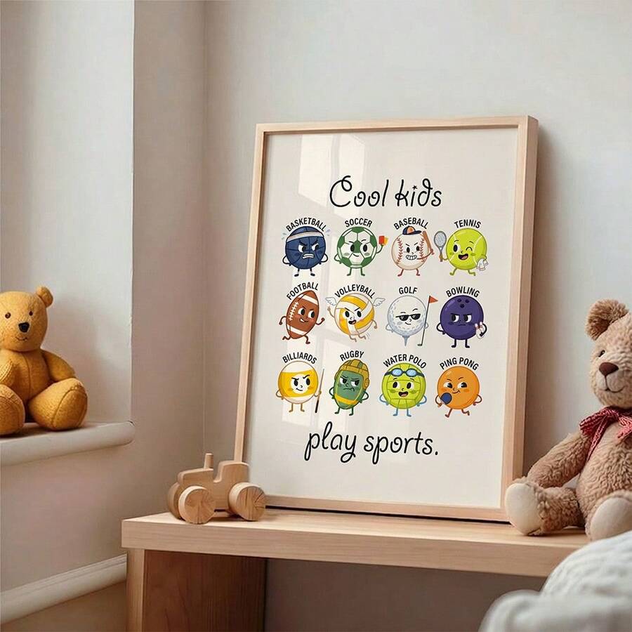 Framed sports characters canvas shown in child’s bedroom with plush toys