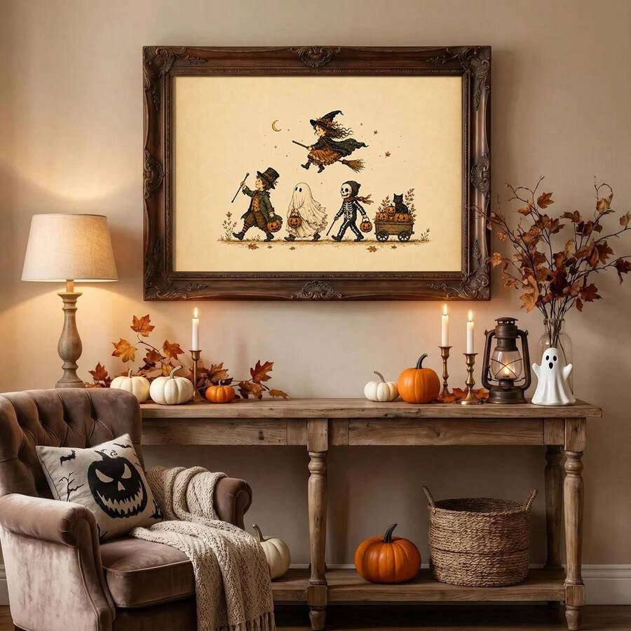 Vintage Halloween Parade Canvas poster with spooky cottagecore charm and nostalgic autumn style. Perfect for farmhouse, rustic, cottagecore, and fall decor.