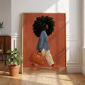 Large framed fashion illustration beside a potted plant, showing a Black woman with an orange handbag