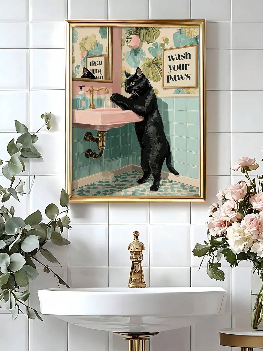 Funny cat bathroom poster in sage and blush tones