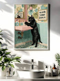 Whimsical cat washing paws botanical wall decor
