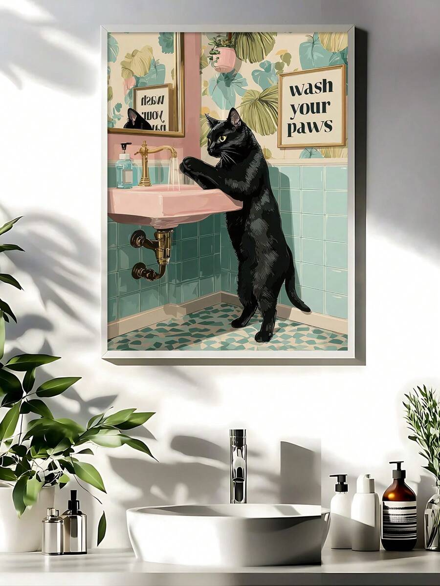 Whimsical cat washing paws botanical wall decor